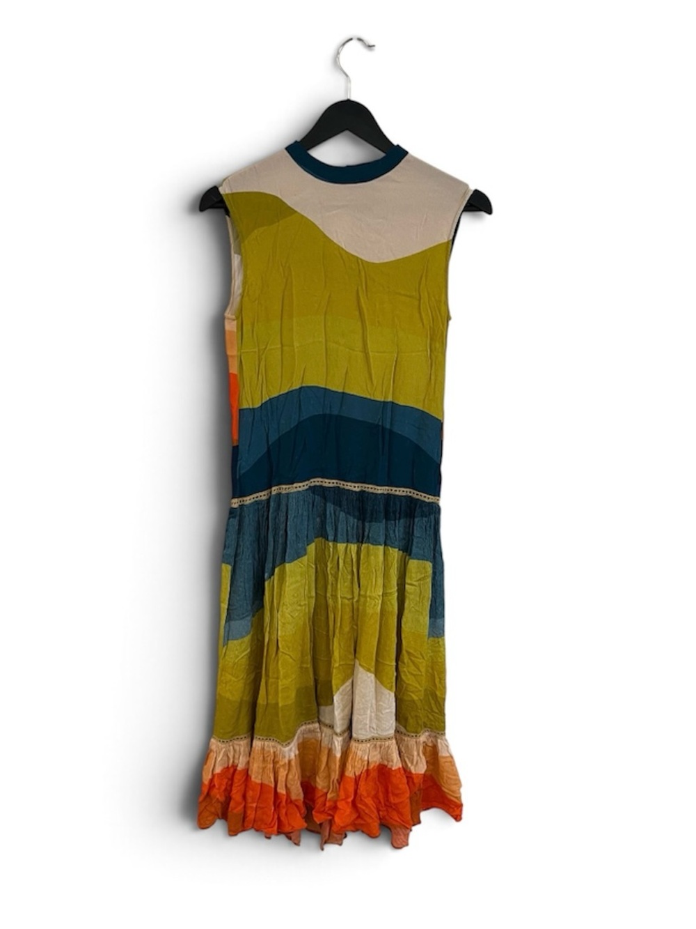 Sleeveless Multicolor Wave-Stripe Maxi Dress - Olive, Teal & Orange